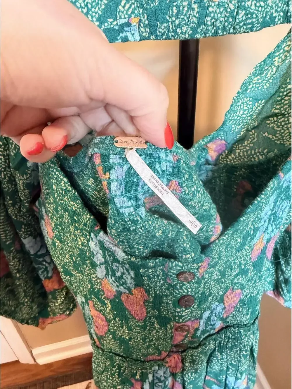 Free People NWT Green Floral Babydoll Mini Dress Size Large Boho Cottagecore